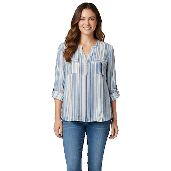 Croft & Barrow Linen Blend Blue Striped Roll Tab Henley Top 2 Patch Pockets L - Picture 1 of 7